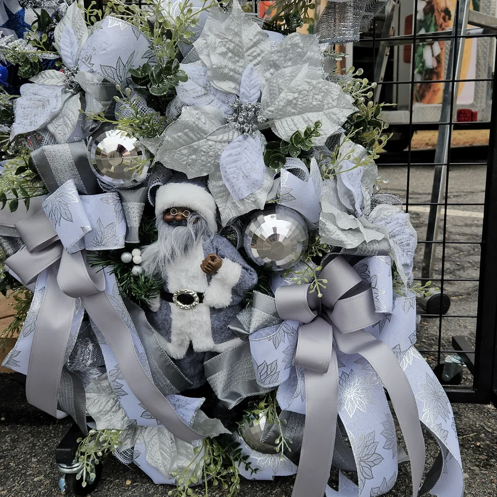 Elegant Silver and White Holiday Wreath with Santa